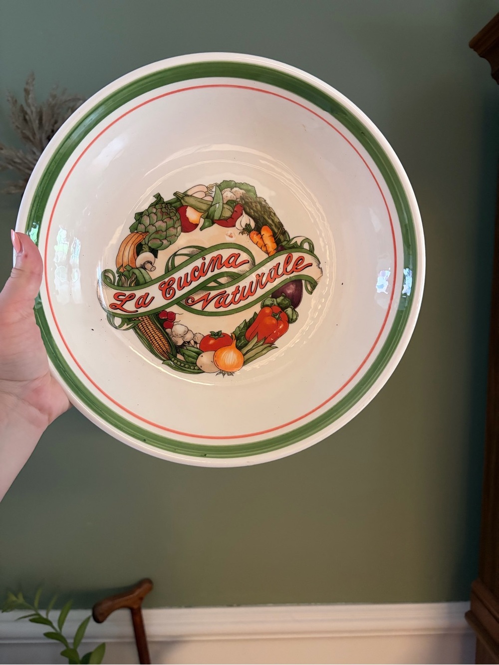 La Cucina Naturale Ceramic Serving Bowl - White with Green Trim